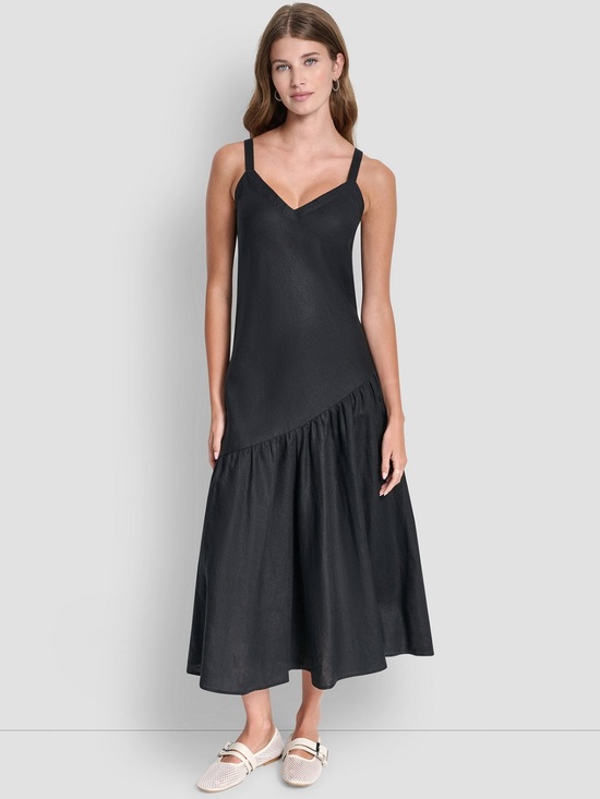 Pure Dkny Dresses & Skirts - DKNY Sleek Black Linen Maxi Dress w/Asymmetric Ruffle Minimalist Preppy Classic